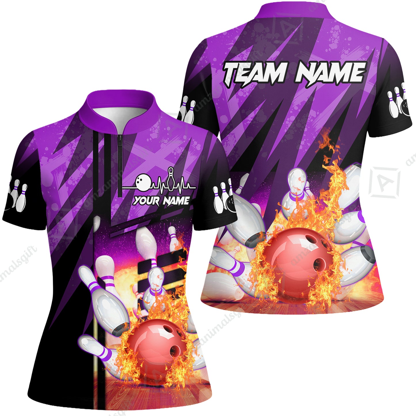 Customized Bowling Jersey Shirt, Bowling And Pins Abstract Grunge Texture XX Multicolor Option Customized Name And Team Zipper Polo Jerseys Shirts