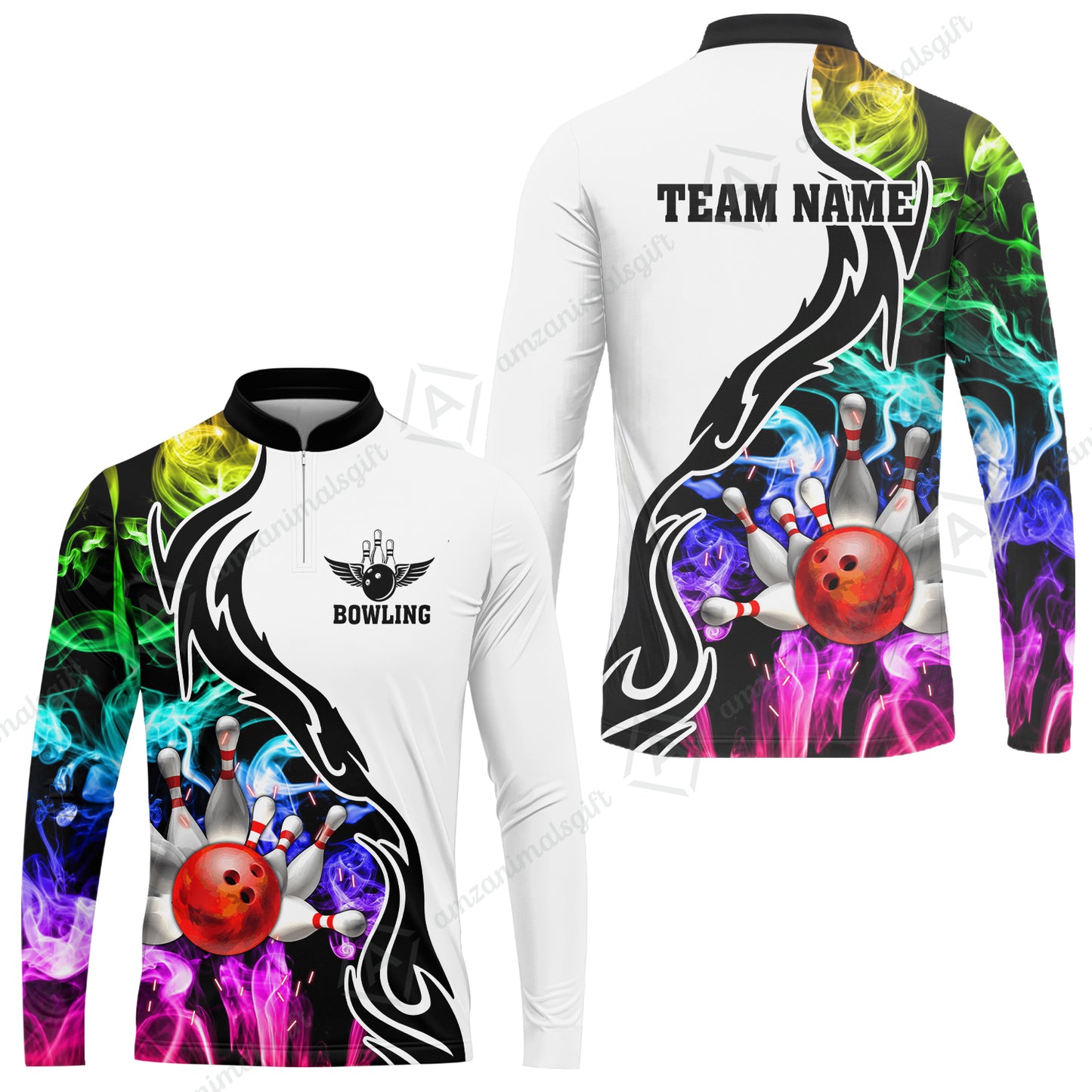 Customized Bowling Polo Shirt, Bowling And Pins Multicolor Smoke Pattern Customized Name And Team Polo Jerseys Shirts