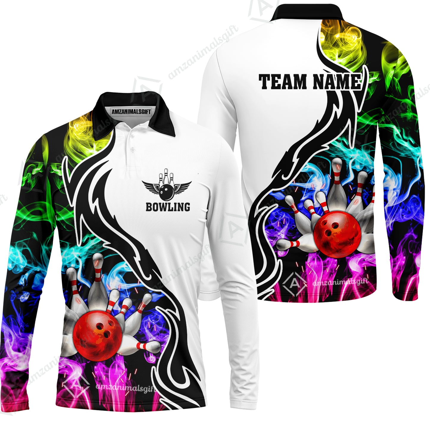 Customized Bowling Polo Shirt, Bowling And Pins Multicolor Smoke Pattern Customized Name And Team Polo Jerseys Shirts