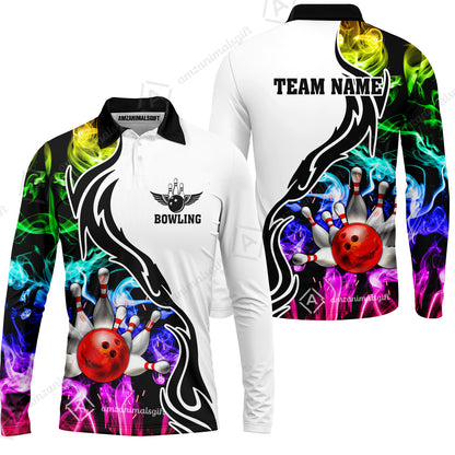 Customized Bowling Polo Shirt, Bowling And Pins Multicolor Smoke Pattern Customized Name And Team Polo Jerseys Shirts