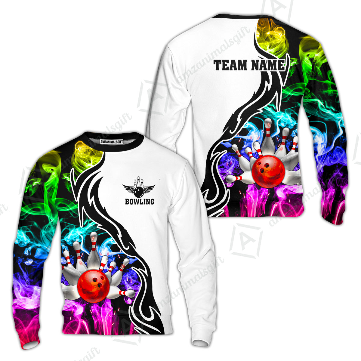 Customized Bowling Polo Shirt, Bowling And Pins Multicolor Smoke Pattern Customized Name And Team Polo Jerseys Shirts