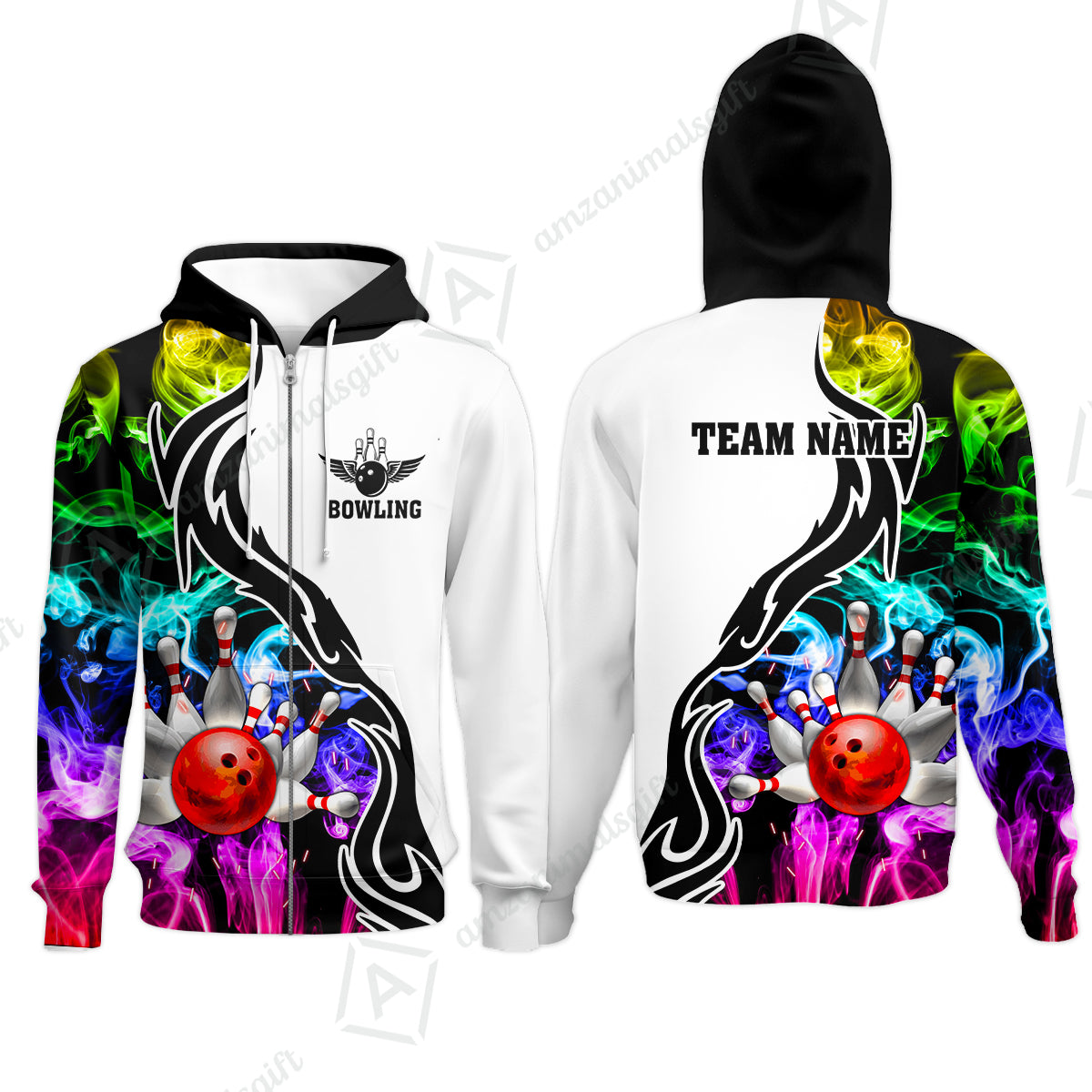 Customized Bowling Polo Shirt, Bowling And Pins Multicolor Smoke Pattern Customized Name And Team Polo Jerseys Shirts