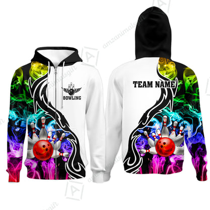 Customized Bowling Polo Shirt, Bowling And Pins Multicolor Smoke Pattern Customized Name And Team Polo Jerseys Shirts