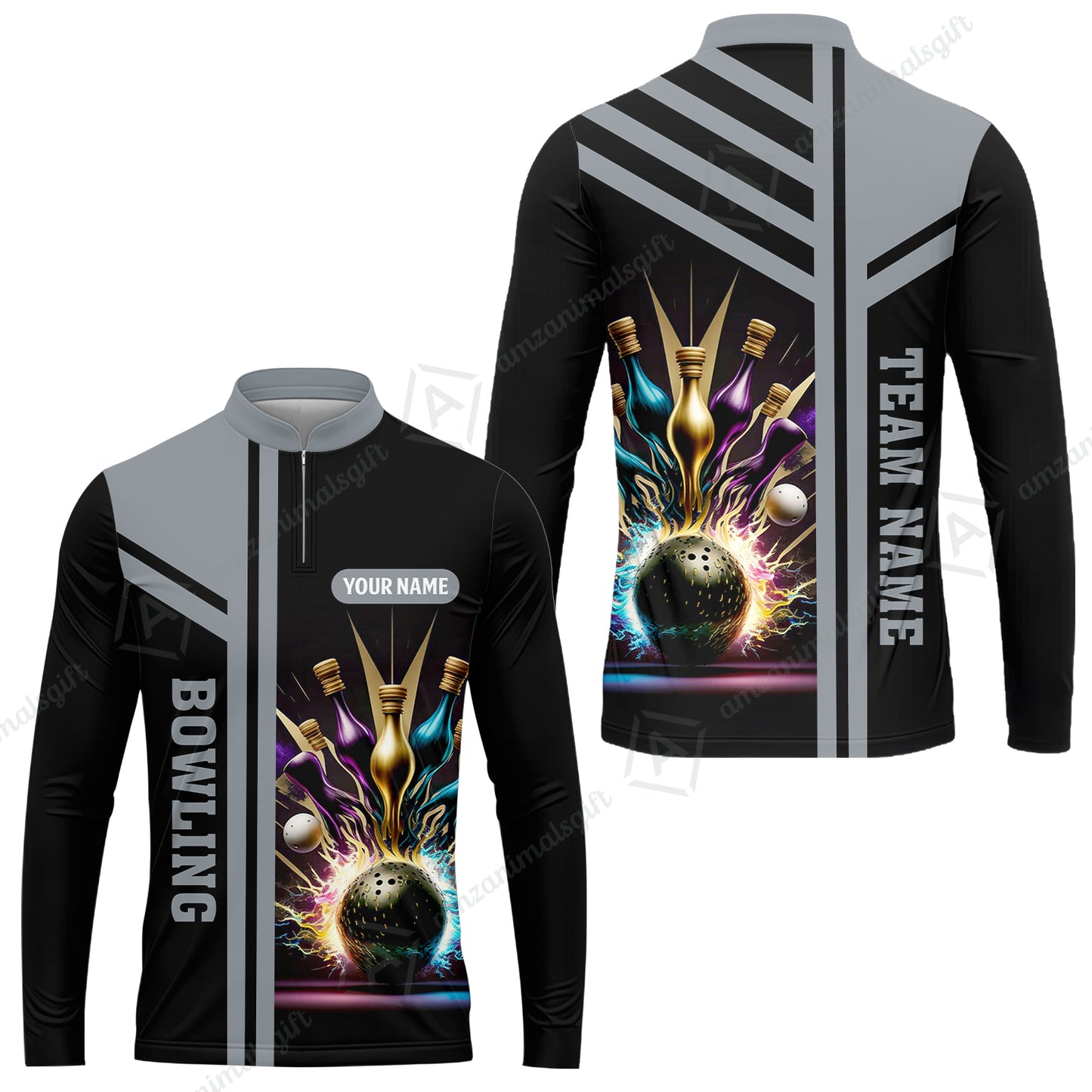 Customized Bowling Unisex Polo, Bowling And Pins Premium Professional Multicolor Option Customized Name And Team Zipper Polo Jerseys Shirts