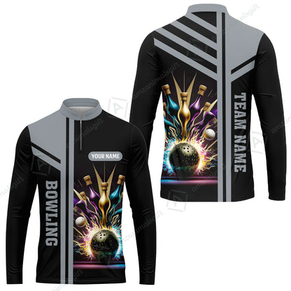 Customized Bowling Unisex Polo, Bowling And Pins Premium Professional Multicolor Option Customized Name And Team Zipper Polo Jerseys Shirts