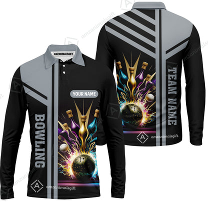 Customized Bowling Unisex Polo, Bowling And Pins Premium Professional Multicolor Option Customized Name And Team Zipper Polo Jerseys Shirts