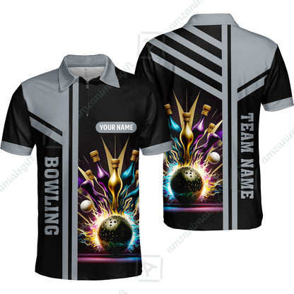 Customized Bowling Unisex Polo, Bowling And Pins Premium Professional Multicolor Option Customized Name And Team Zipper Polo Jerseys Shirts