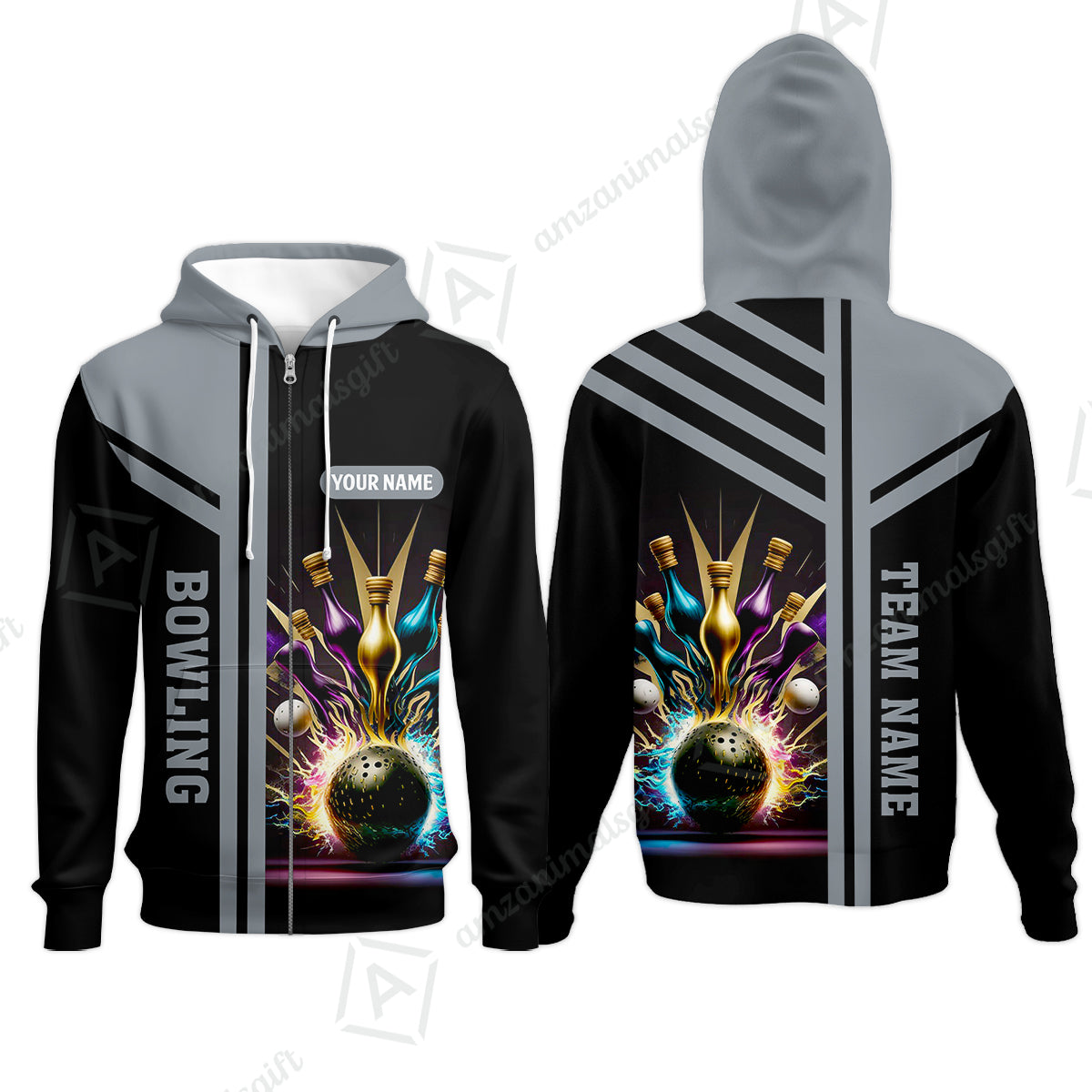 Customized Bowling Unisex Polo, Bowling And Pins Premium Professional Multicolor Option Customized Name And Team Zipper Polo Jerseys Shirts