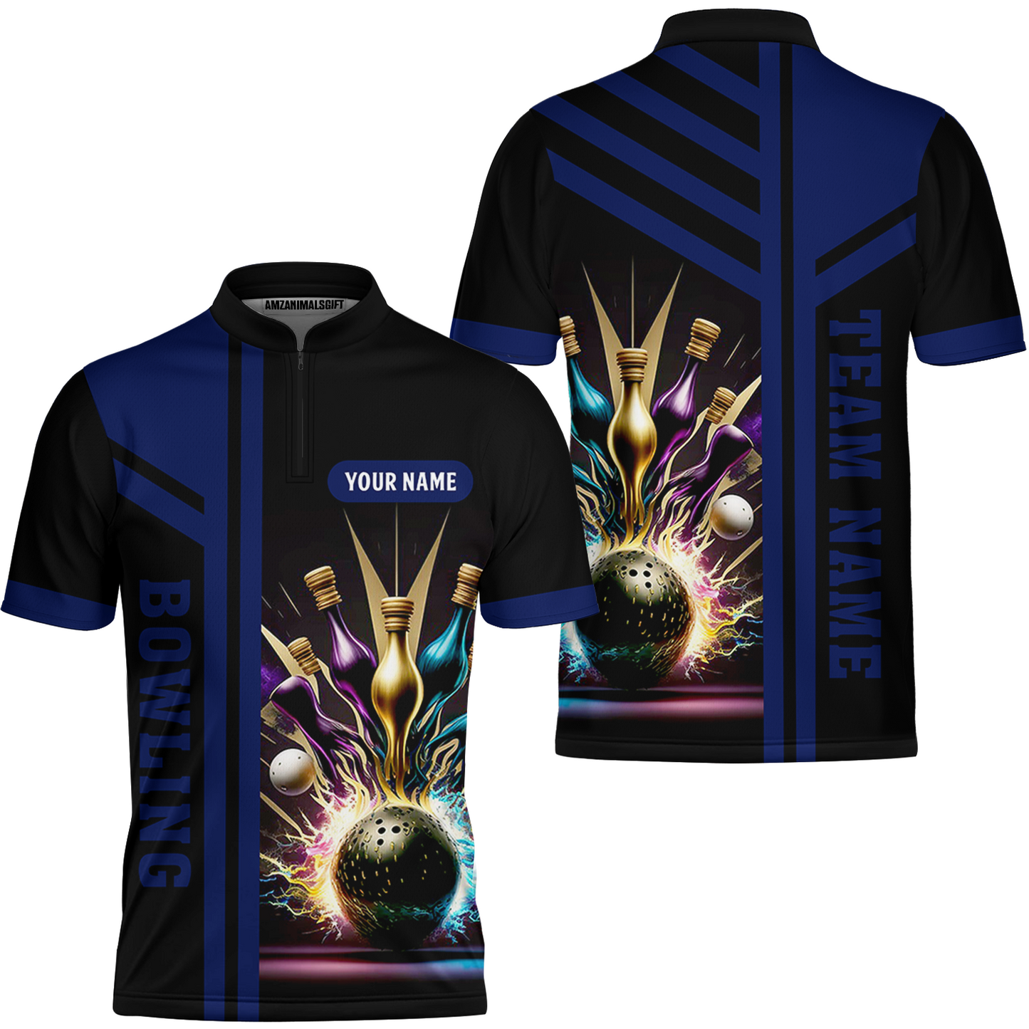 Customized Bowling Unisex Polo, Bowling And Pins Premium Professional Multicolor Option Customized Name And Team Zipper Polo Jerseys Shirts