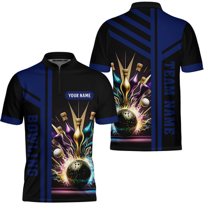 Customized Bowling Unisex Polo, Bowling And Pins Premium Professional Multicolor Option Customized Name And Team Zipper Polo Jerseys Shirts