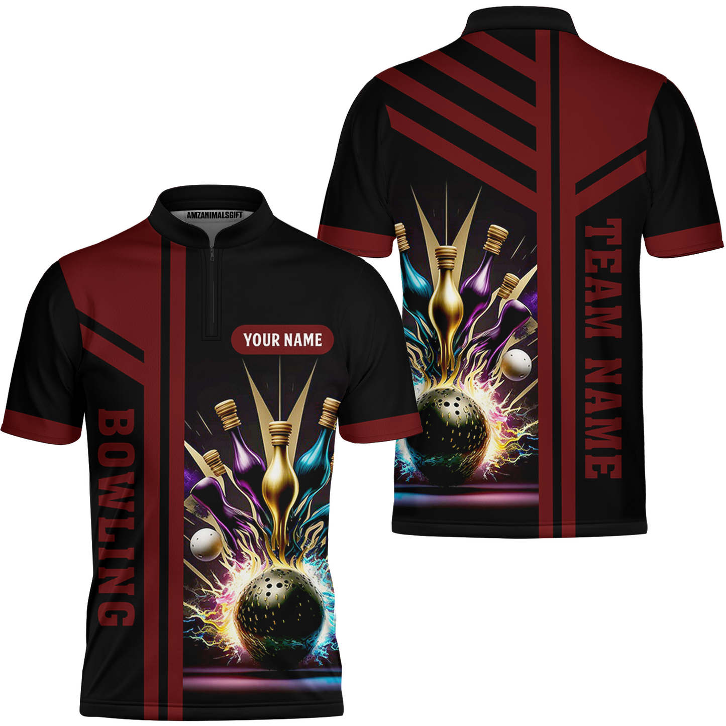 Customized Bowling Unisex Polo, Bowling And Pins Premium Professional Multicolor Option Customized Name And Team Zipper Polo Jerseys Shirts