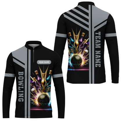 Customized Bowling Unisex Polo, Bowling And Pins Premium Professional Multicolor Option Customized Name And Team Zipper Polo Jerseys Shirts