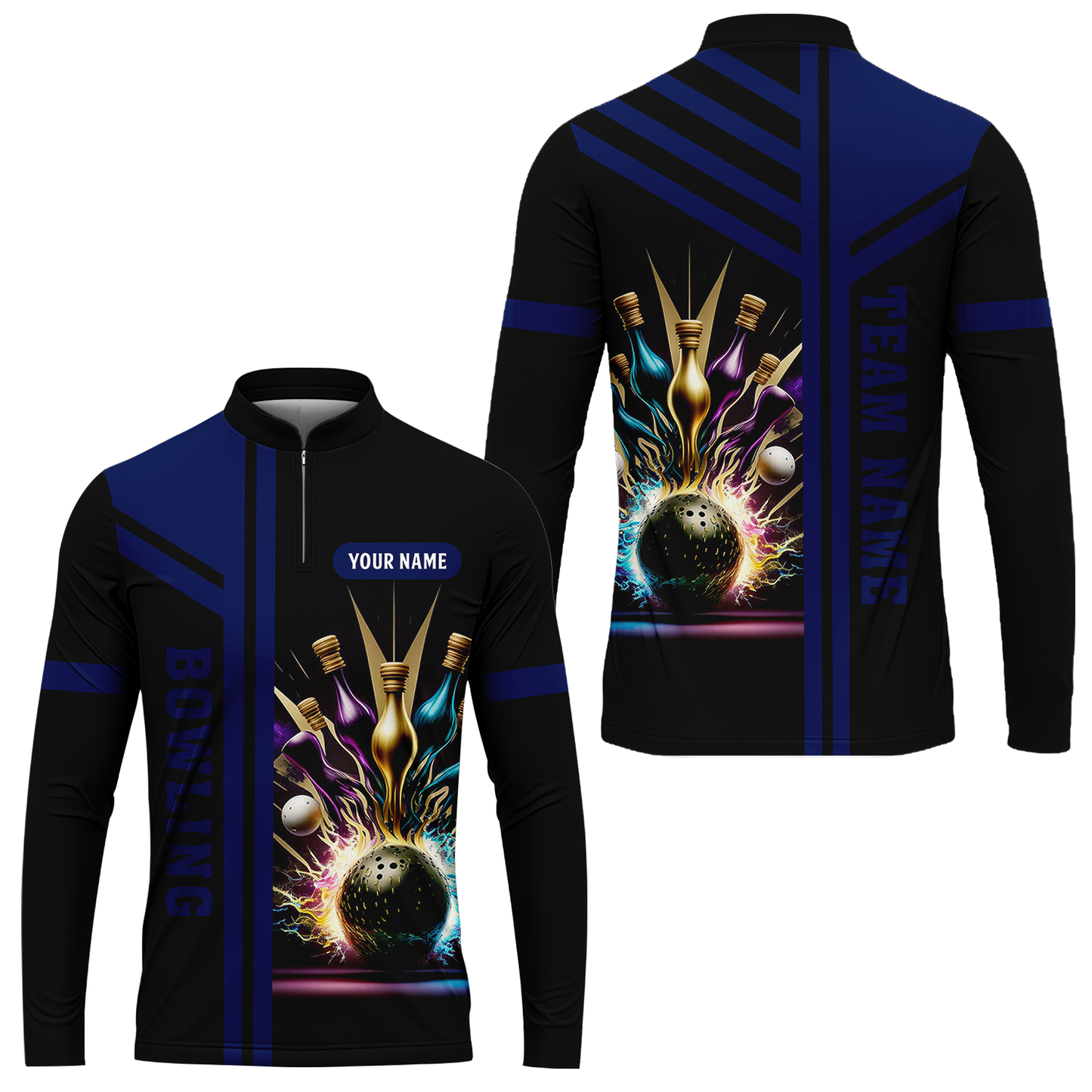 Customized Bowling Unisex Polo, Bowling And Pins Premium Professional Multicolor Option Customized Name And Team Zipper Polo Jerseys Shirts