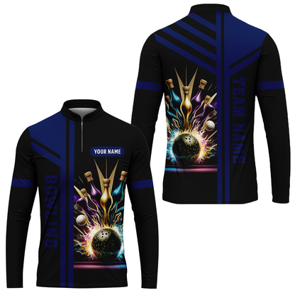 Customized Bowling Unisex Polo, Bowling And Pins Premium Professional Multicolor Option Customized Name And Team Zipper Polo Jerseys Shirts