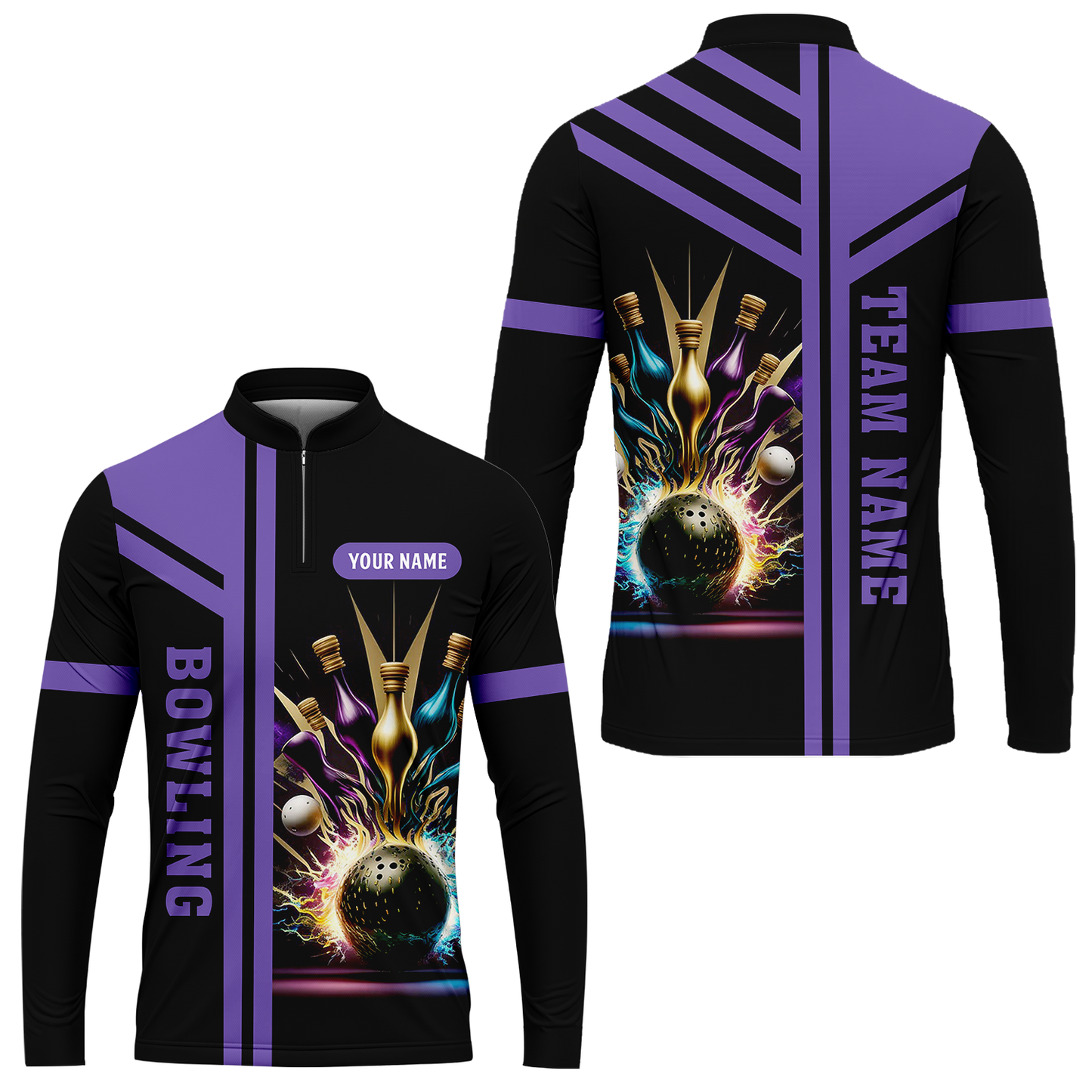 Customized Bowling Unisex Polo, Bowling And Pins Premium Professional Multicolor Option Customized Name And Team Zipper Polo Jerseys Shirts