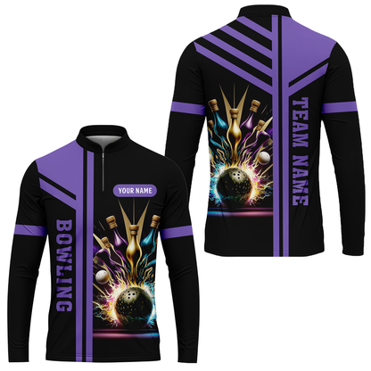 Customized Bowling Unisex Polo, Bowling And Pins Premium Professional Multicolor Option Customized Name And Team Zipper Polo Jerseys Shirts