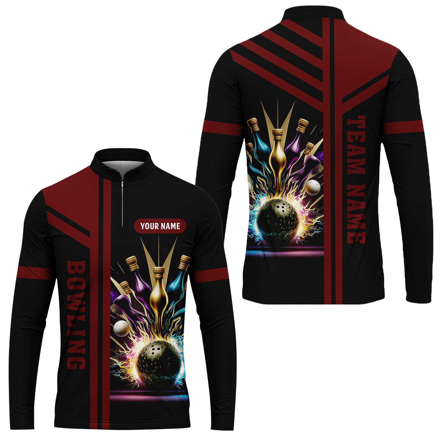 Customized Bowling Unisex Polo, Bowling And Pins Premium Professional Multicolor Option Customized Name And Team Zipper Polo Jerseys Shirts