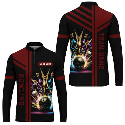Customized Bowling Unisex Polo, Bowling And Pins Premium Professional Multicolor Option Customized Name And Team Zipper Polo Jerseys Shirts