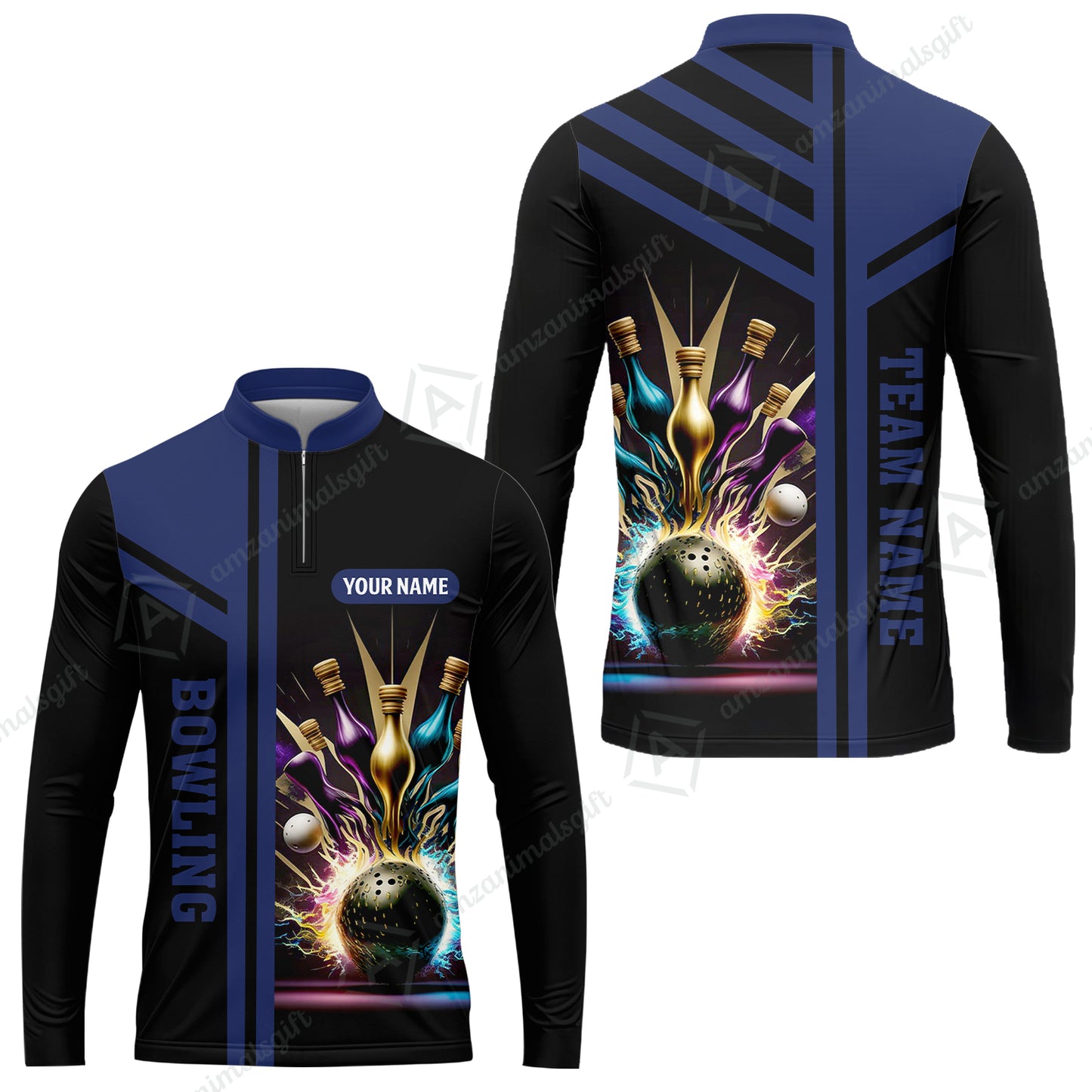 Customized Bowling Unisex Polo, Bowling And Pins Premium Professional Multicolor Option Customized Name And Team Zipper Polo Jerseys Shirts