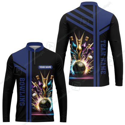 Customized Bowling Unisex Polo, Bowling And Pins Premium Professional Multicolor Option Customized Name And Team Zipper Polo Jerseys Shirts