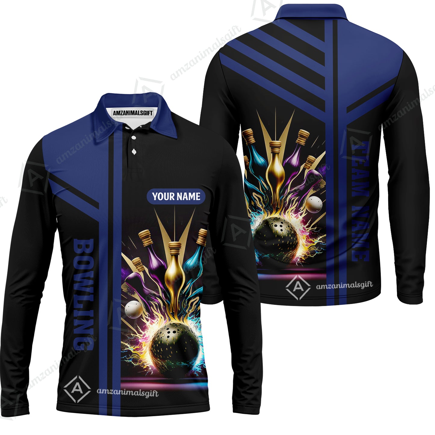 Customized Bowling Unisex Polo, Bowling And Pins Premium Professional Multicolor Option Customized Name And Team Zipper Polo Jerseys Shirts