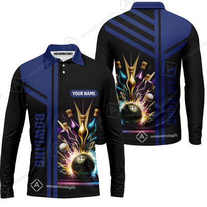 Customized Bowling Unisex Polo, Bowling And Pins Premium Professional Multicolor Option Customized Name And Team Zipper Polo Jerseys Shirts