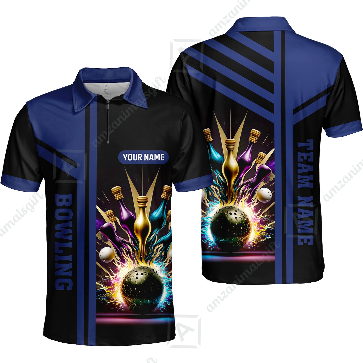 Customized Bowling Unisex Polo, Bowling And Pins Premium Professional Multicolor Option Customized Name And Team Zipper Polo Jerseys Shirts