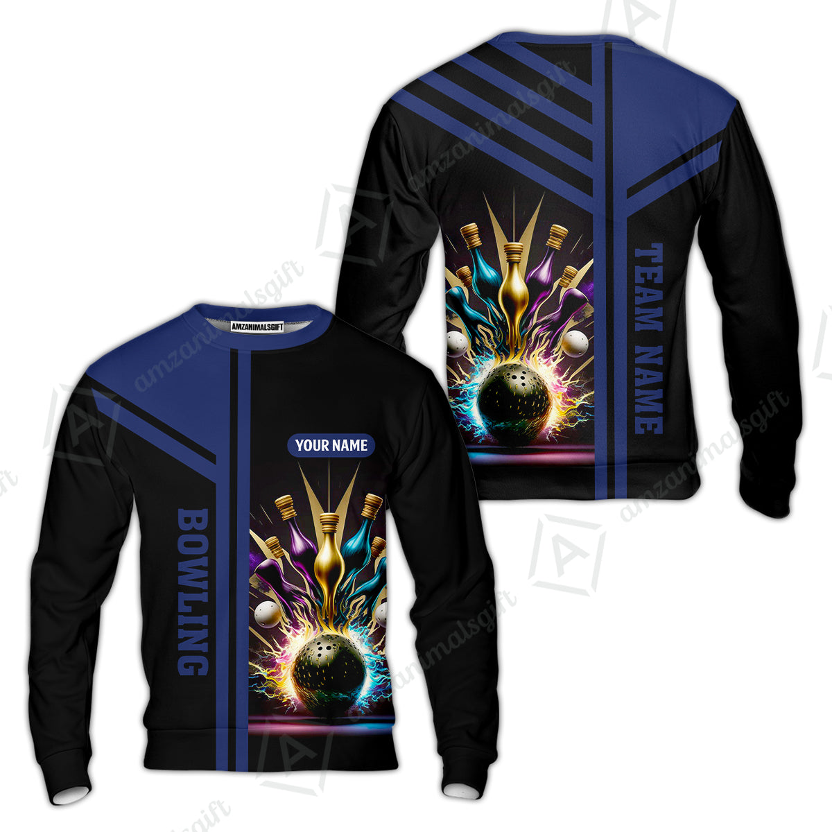 Customized Bowling Unisex Polo, Bowling And Pins Premium Professional Multicolor Option Customized Name And Team Zipper Polo Jerseys Shirts