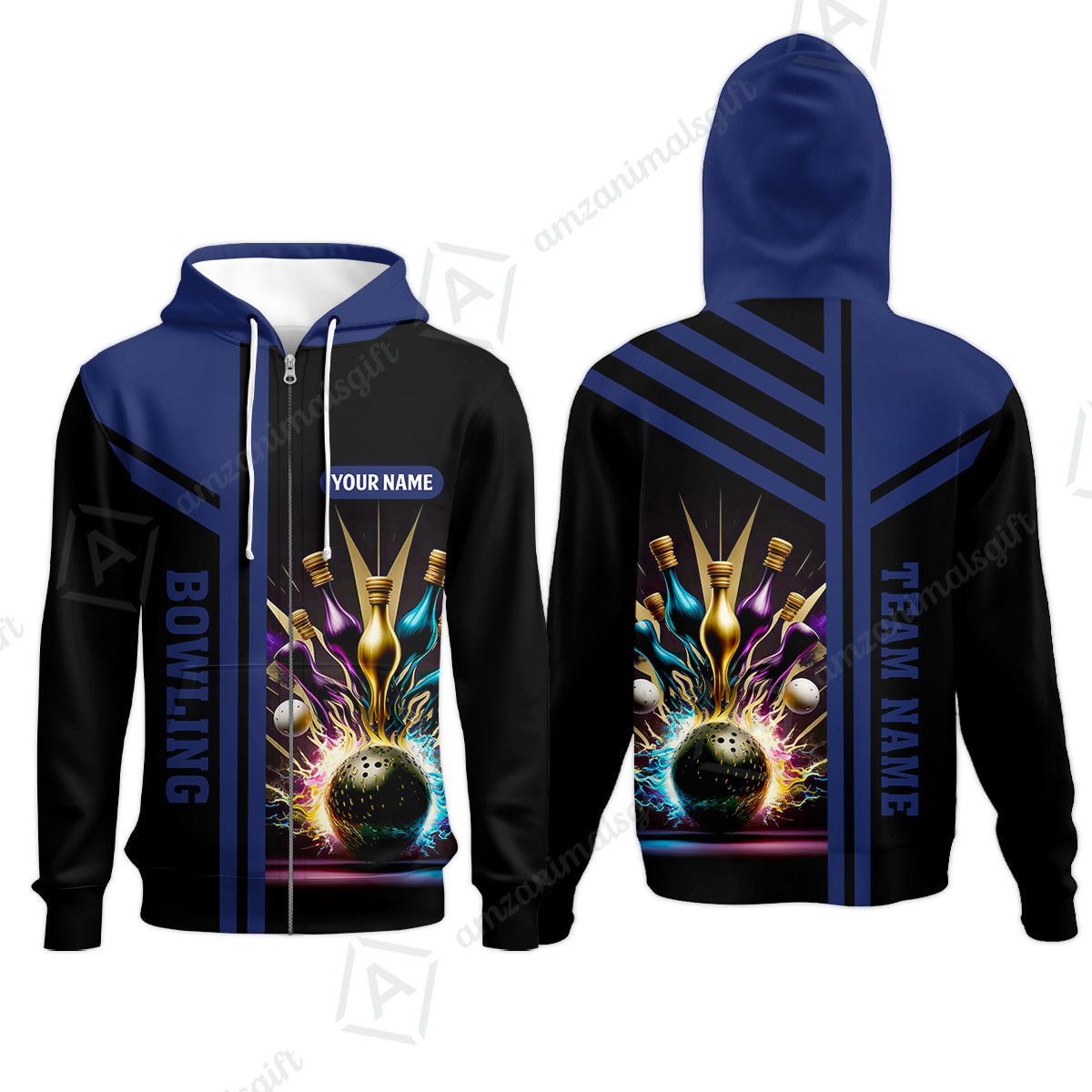 Customized Bowling Unisex Polo, Bowling And Pins Premium Professional Multicolor Option Customized Name And Team Zipper Polo Jerseys Shirts