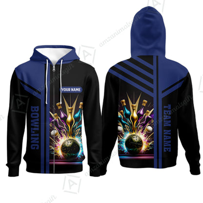 Customized Bowling Unisex Polo, Bowling And Pins Premium Professional Multicolor Option Customized Name And Team Zipper Polo Jerseys Shirts