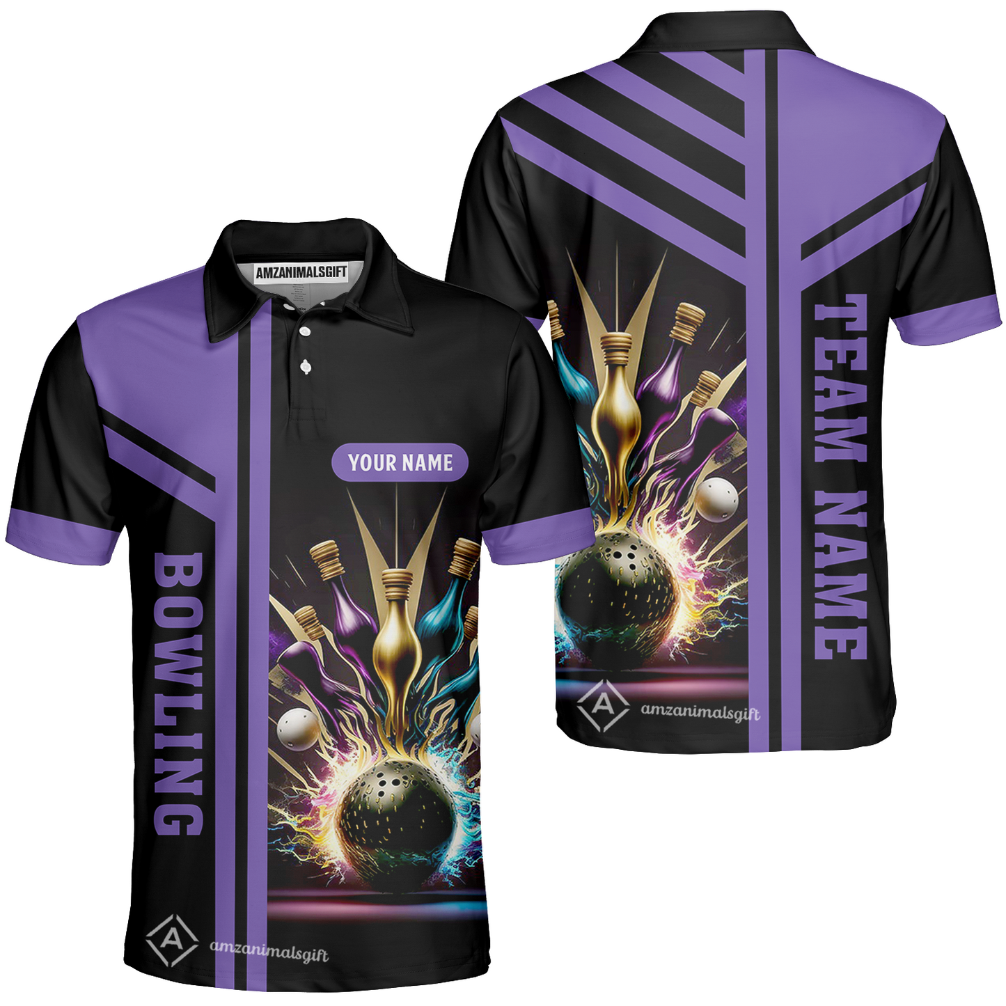 Customized Bowling Unisex Polo, Bowling And Pins Premium Professional Multicolor Option Customized Name And Team Zipper Polo Jerseys Shirts