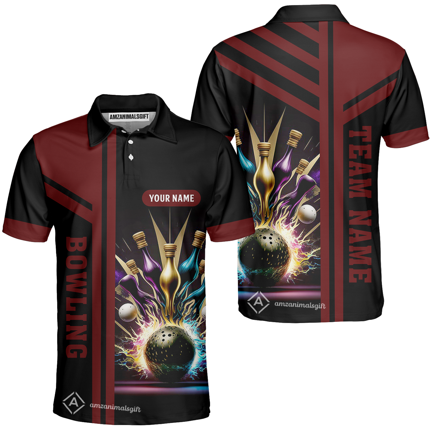 Customized Bowling Unisex Polo, Bowling And Pins Premium Professional Multicolor Option Customized Name And Team Zipper Polo Jerseys Shirts