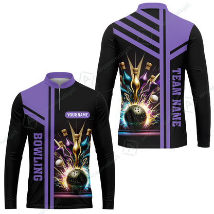 Customized Bowling Unisex Polo, Bowling And Pins Premium Professional Multicolor Option Customized Name And Team Zipper Polo Jerseys Shirts