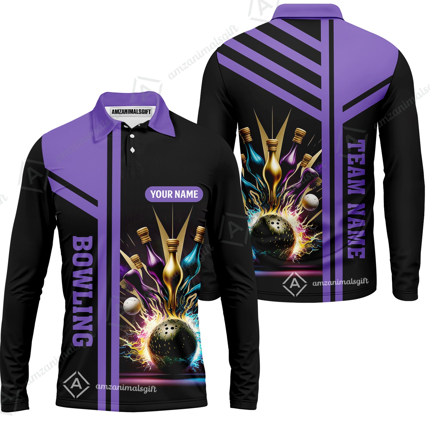 Customized Bowling Unisex Polo, Bowling And Pins Premium Professional Multicolor Option Customized Name And Team Zipper Polo Jerseys Shirts