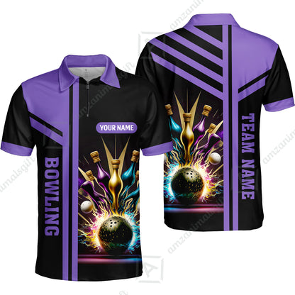 Customized Bowling Unisex Polo, Bowling And Pins Premium Professional Multicolor Option Customized Name And Team Zipper Polo Jerseys Shirts