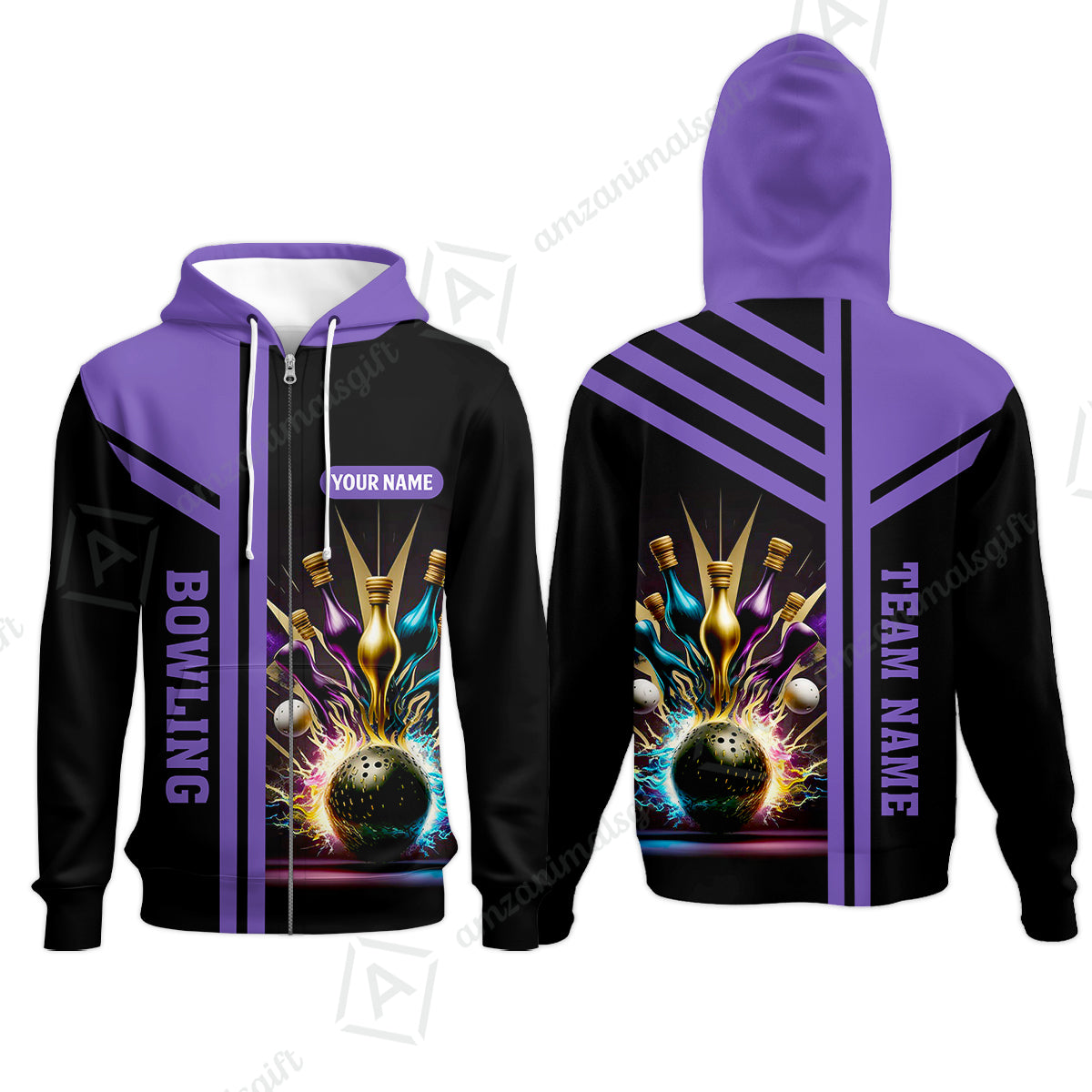 Customized Bowling Unisex Polo, Bowling And Pins Premium Professional Multicolor Option Customized Name And Team Zipper Polo Jerseys Shirts