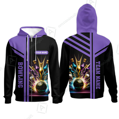 Customized Bowling Unisex Polo, Bowling And Pins Premium Professional Multicolor Option Customized Name And Team Zipper Polo Jerseys Shirts