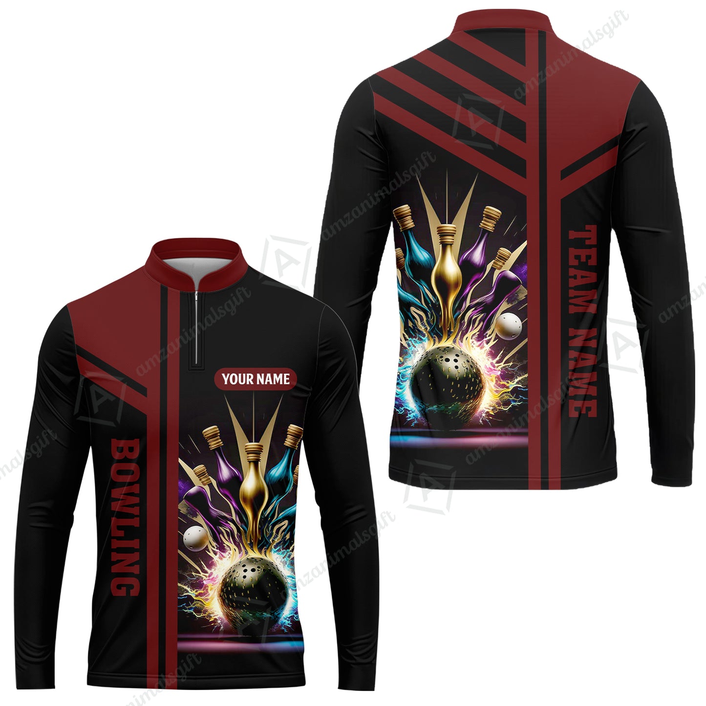 Customized Bowling Unisex Polo, Bowling And Pins Premium Professional Multicolor Option Customized Name And Team Zipper Polo Jerseys Shirts