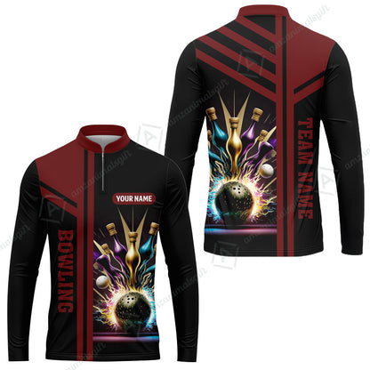 Customized Bowling Unisex Polo, Bowling And Pins Premium Professional Multicolor Option Customized Name And Team Zipper Polo Jerseys Shirts
