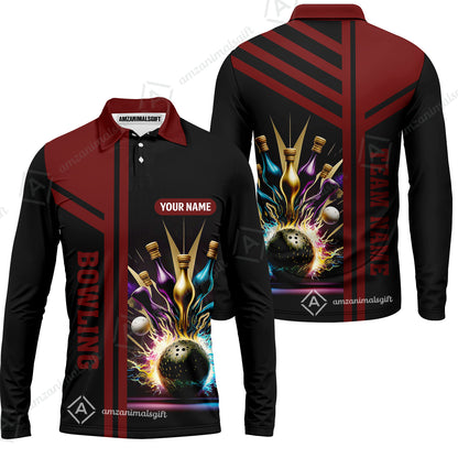 Customized Bowling Unisex Polo, Bowling And Pins Premium Professional Multicolor Option Customized Name And Team Zipper Polo Jerseys Shirts