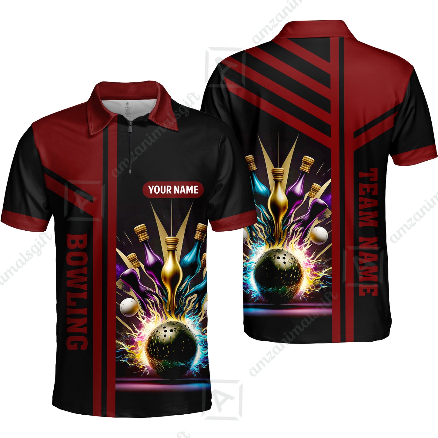 Customized Bowling Unisex Polo, Bowling And Pins Premium Professional Multicolor Option Customized Name And Team Zipper Polo Jerseys Shirts
