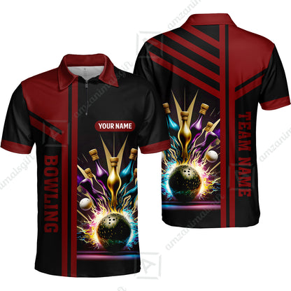 Customized Bowling Unisex Polo, Bowling And Pins Premium Professional Multicolor Option Customized Name And Team Zipper Polo Jerseys Shirts