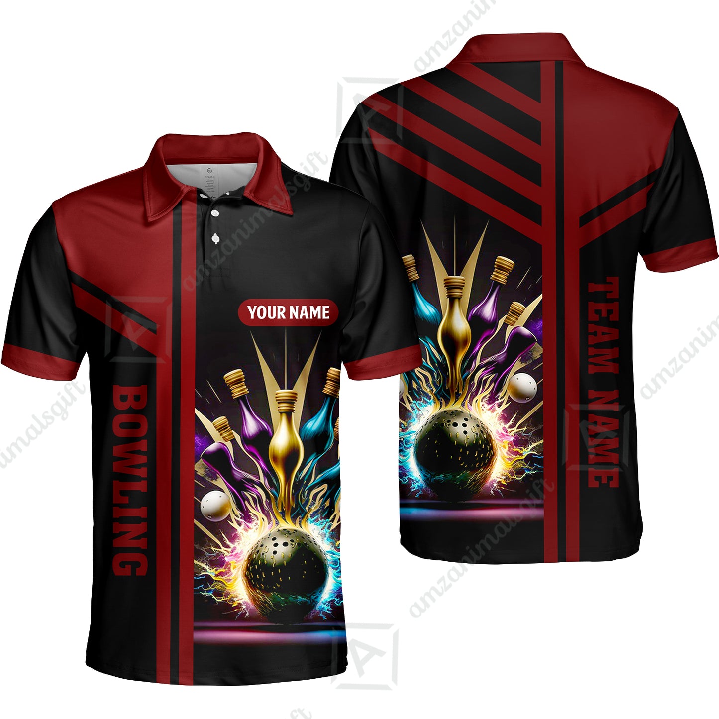 Customized Bowling Unisex Polo, Bowling And Pins Premium Professional Multicolor Option Customized Name And Team Zipper Polo Jerseys Shirts