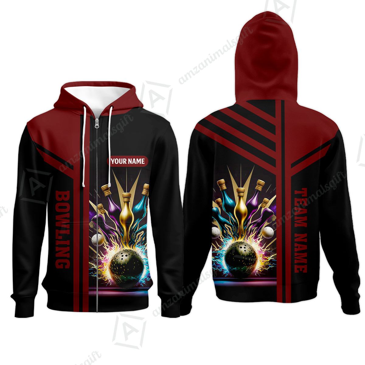 Customized Bowling Unisex Polo, Bowling And Pins Premium Professional Multicolor Option Customized Name And Team Zipper Polo Jerseys Shirts