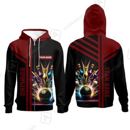 Customized Bowling Unisex Polo, Bowling And Pins Premium Professional Multicolor Option Customized Name And Team Zipper Polo Jerseys Shirts