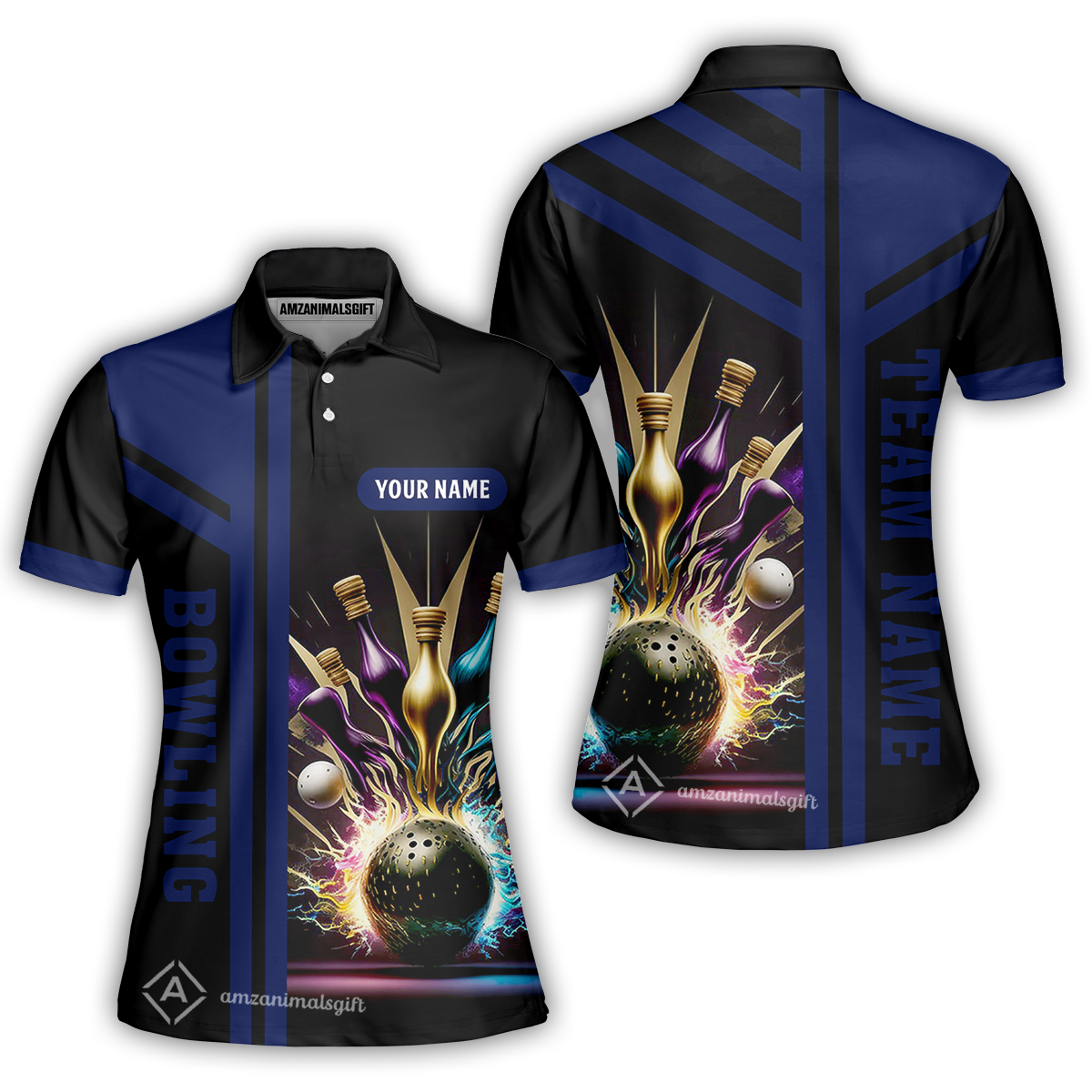 Customized Bowling Unisex Polo, Bowling And Pins Premium Professional Multicolor Option Customized Name And Team Zipper Polo Jerseys Shirts