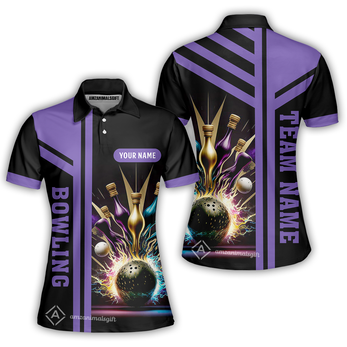 Customized Bowling Unisex Polo, Bowling And Pins Premium Professional Multicolor Option Customized Name And Team Zipper Polo Jerseys Shirts