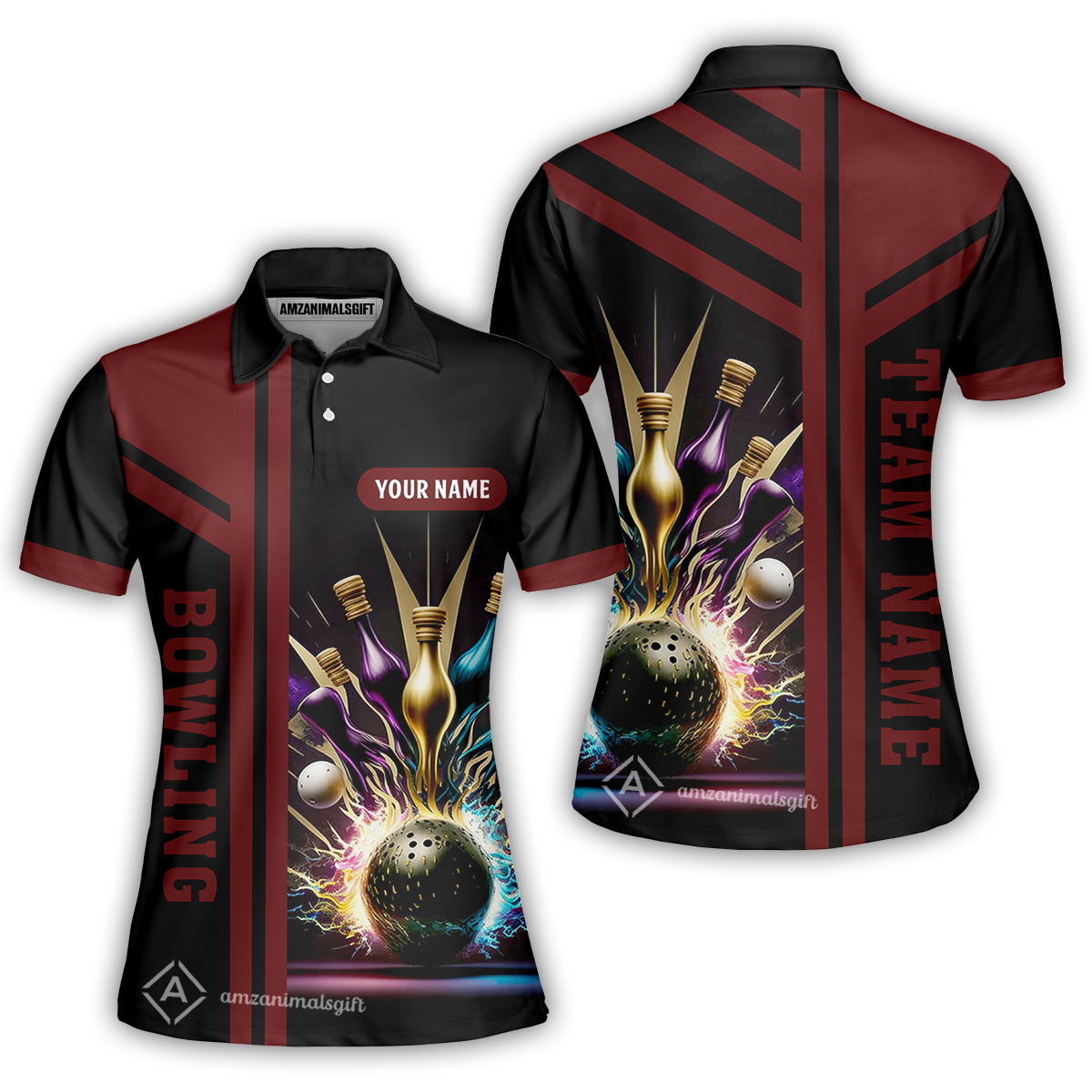 Customized Bowling Unisex Polo, Bowling And Pins Premium Professional Multicolor Option Customized Name And Team Zipper Polo Jerseys Shirts