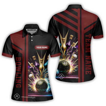 Customized Bowling Unisex Polo, Bowling And Pins Premium Professional Multicolor Option Customized Name And Team Zipper Polo Jerseys Shirts