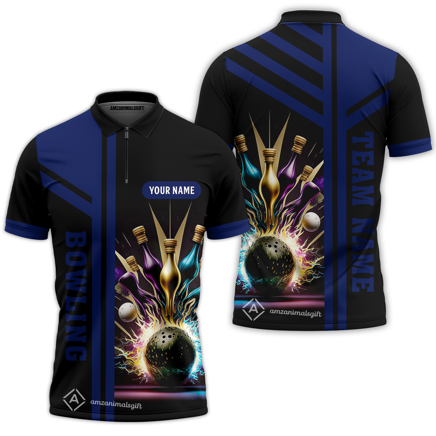 Customized Bowling Unisex Polo, Bowling And Pins Premium Professional Multicolor Option Customized Name And Team Zipper Polo Jerseys Shirts